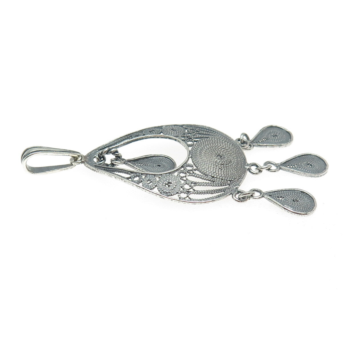 925 Sterling Silver Vintage Filigree Teardrop Shape Oxidized Dangle Pendant
