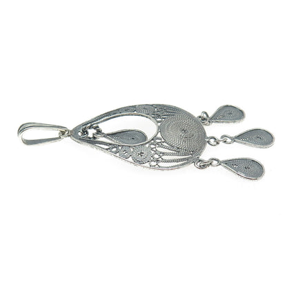 925 Sterling Silver Vintage Filigree Teardrop Shape Oxidized Dangle Pendant