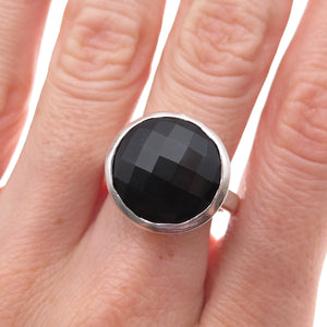 925 Sterling Silver Vintage Real Black Onyx Modernist Oxidized Ring Size 8