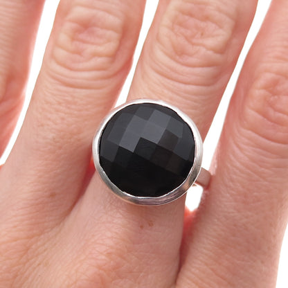 925 Sterling Silver Vintage Real Black Onyx Modernist Oxidized Ring Size 8