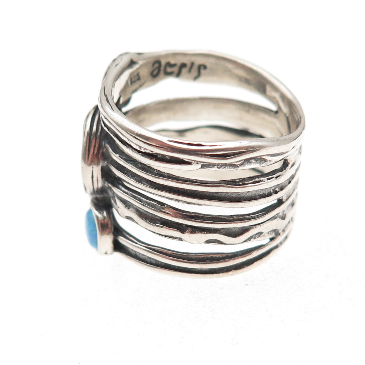 Didae Sterling Silver Vintage Israel Real Opal Modernist Oxidized Ring Size 8.5