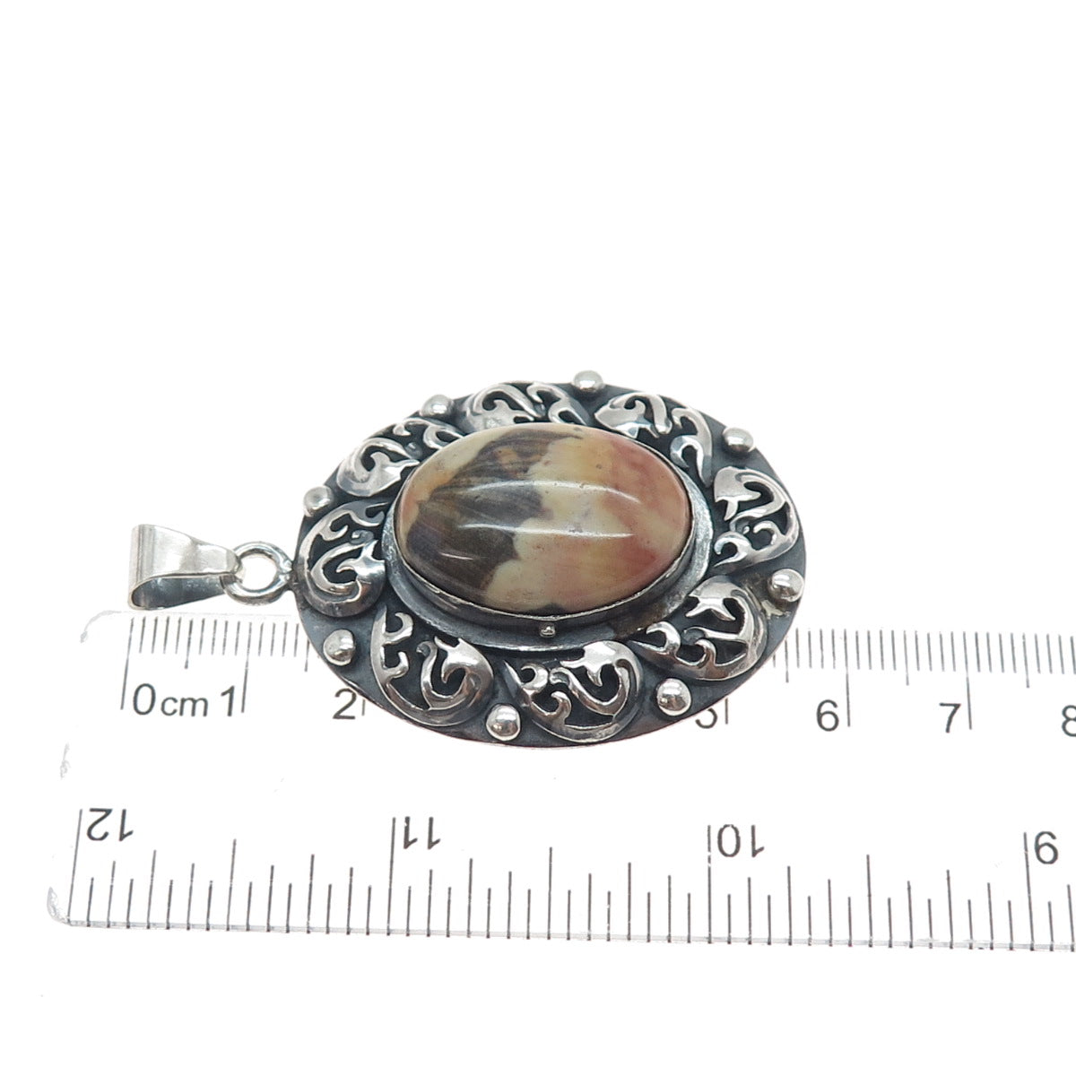 925 Sterling Silver Vintage Mexico Real Jasper Floral Oxidized Charm Pendant