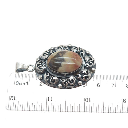 925 Sterling Silver Vintage Mexico Real Jasper Floral Oxidized Charm Pendant