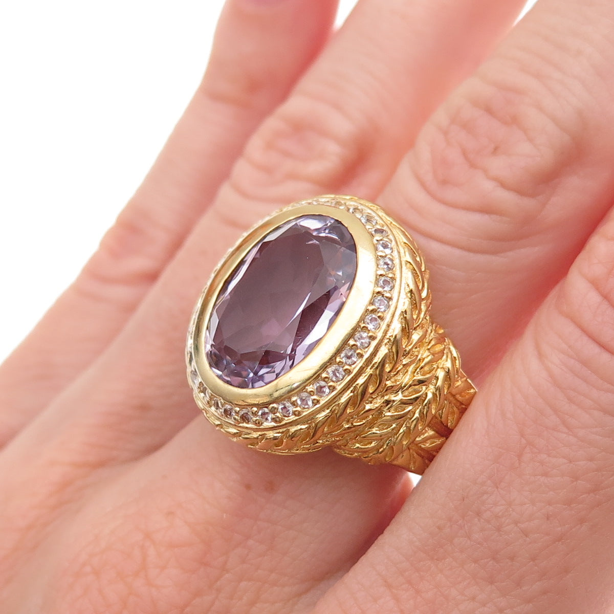 925 Sterling Silver Gold Plated Real Amethyst & White Topaz Wheat Ring Size 9