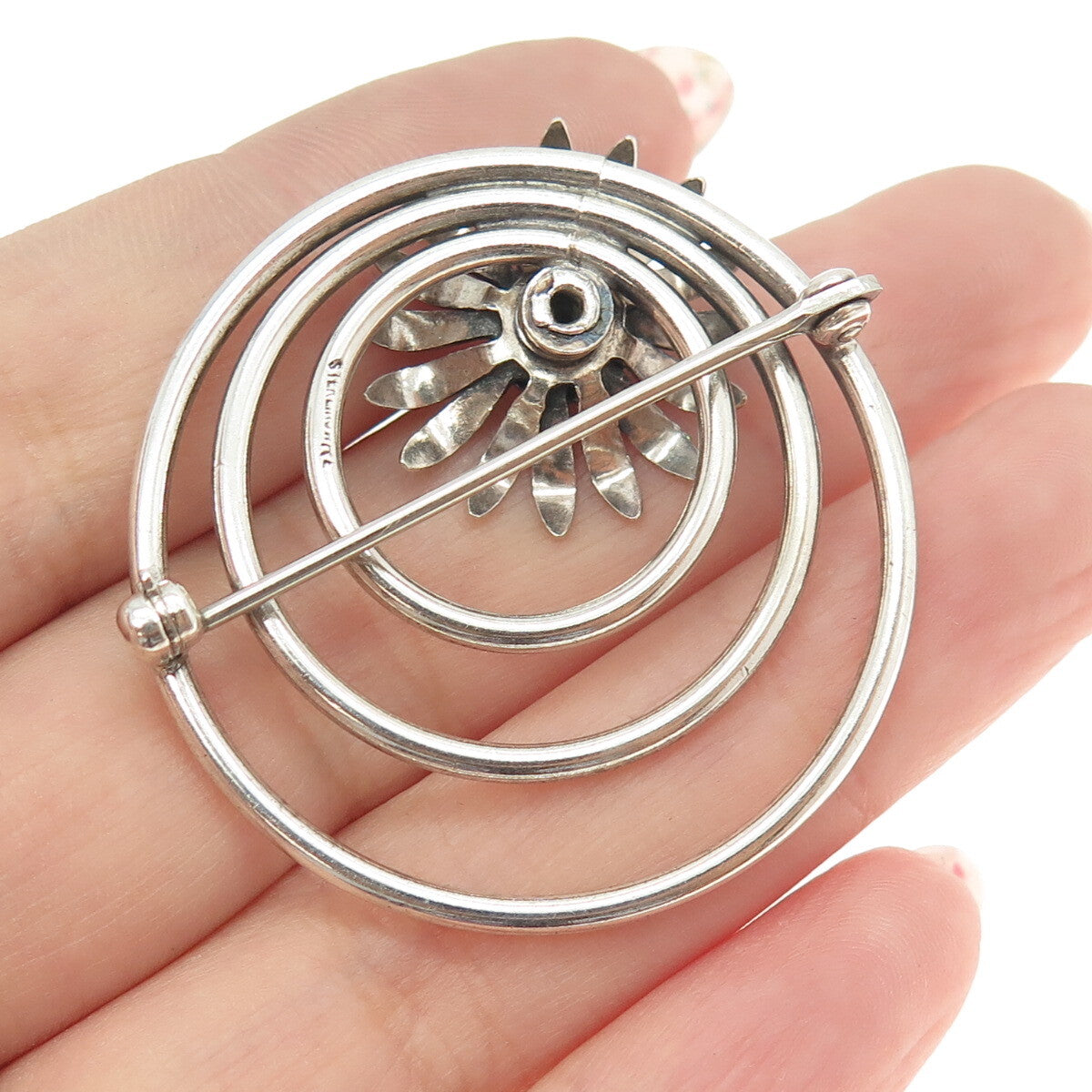 W. E. RICHARDS 925 Sterling Silver Vintage Floral Triple Circle Pin Brooch