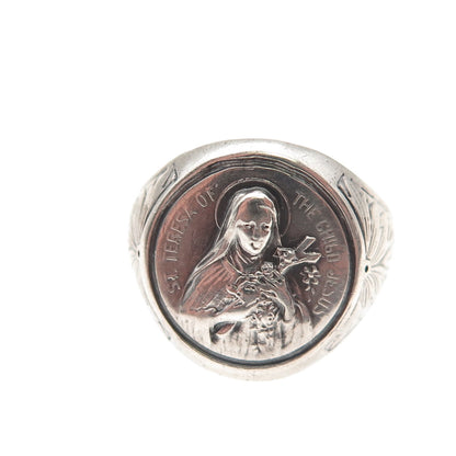 925 Sterling Silver Antique Art Deco St. Teresa Signet Ring Size 5.5 (cut shank)
