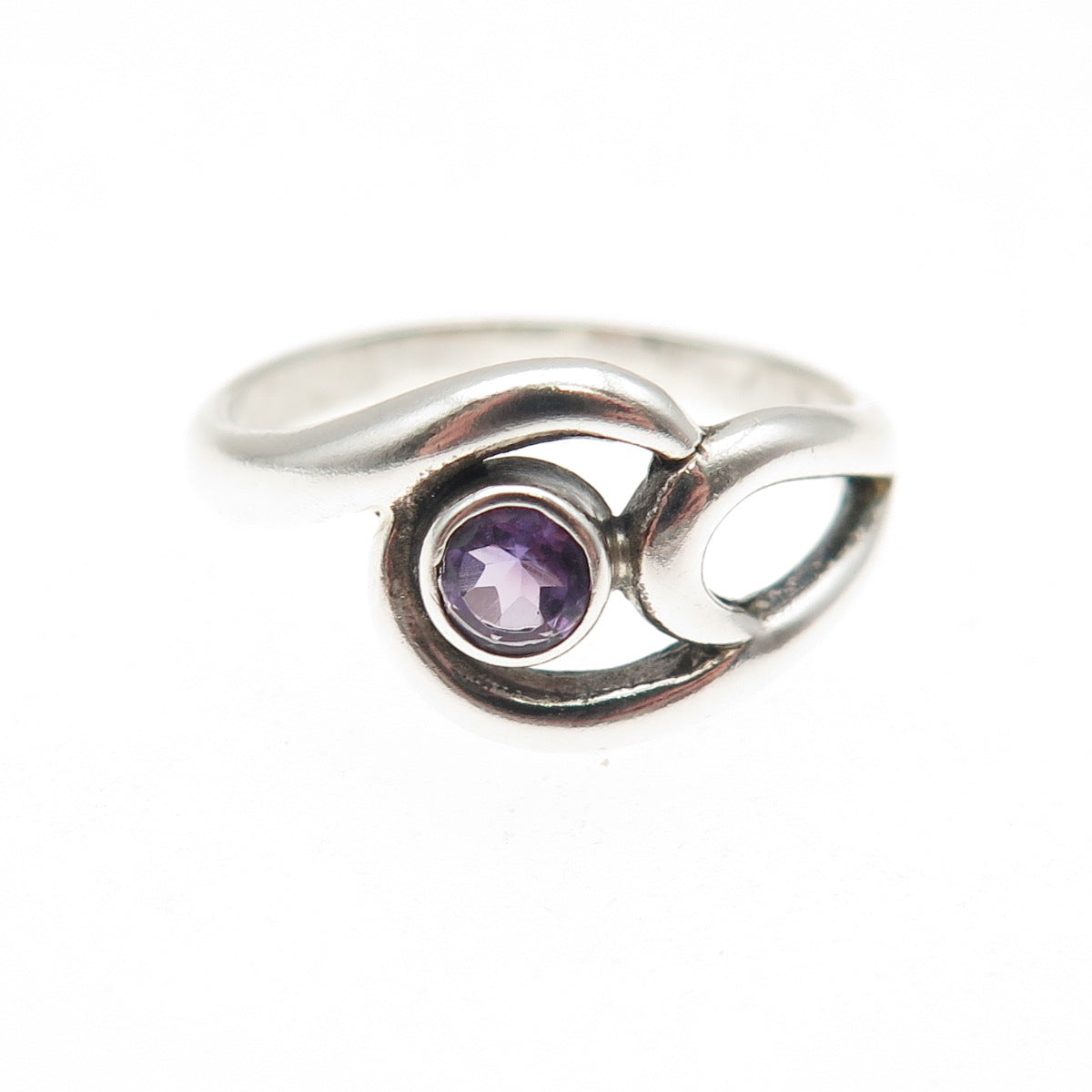 925 Sterling Silver Vintage Real Amethyst Modernist Swirl Ring Size 6.75