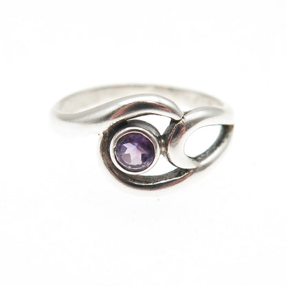 925 Sterling Silver Vintage Real Amethyst Modernist Swirl Ring Size 6.75
