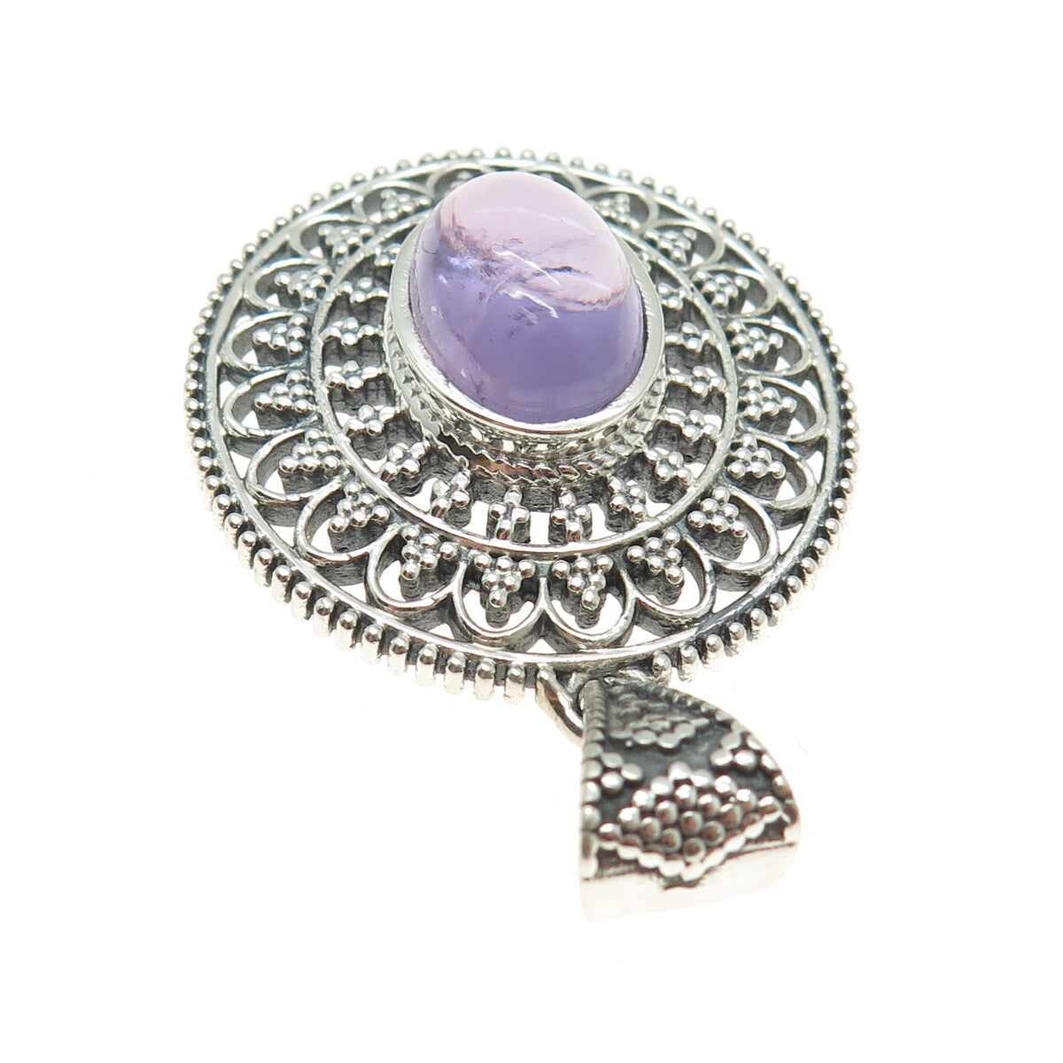 925 Sterling Silver Vintage Real Amethyst Granulated Floral Oxidized Pendant