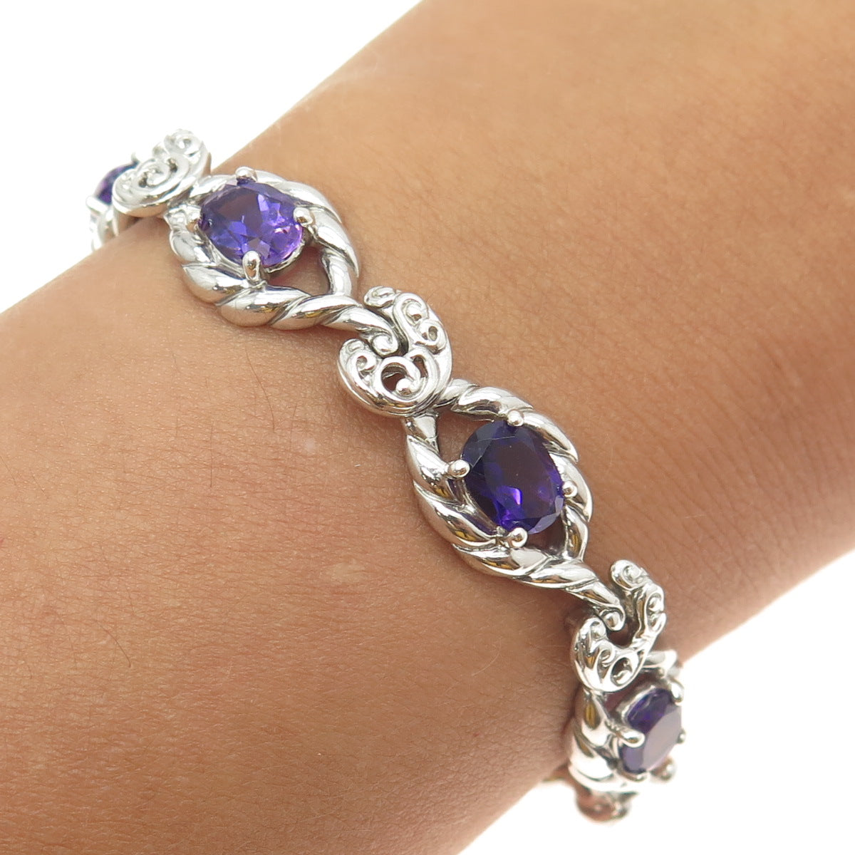 CAROLYN POLLACK 925 Sterling Silver Vintage Real Amethyst Roped Bracelet 7"