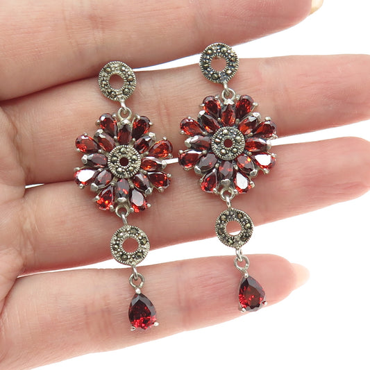 925 Sterling Silver Vintage Real Red Garnet & Marcasite Floral Dangle Earrings