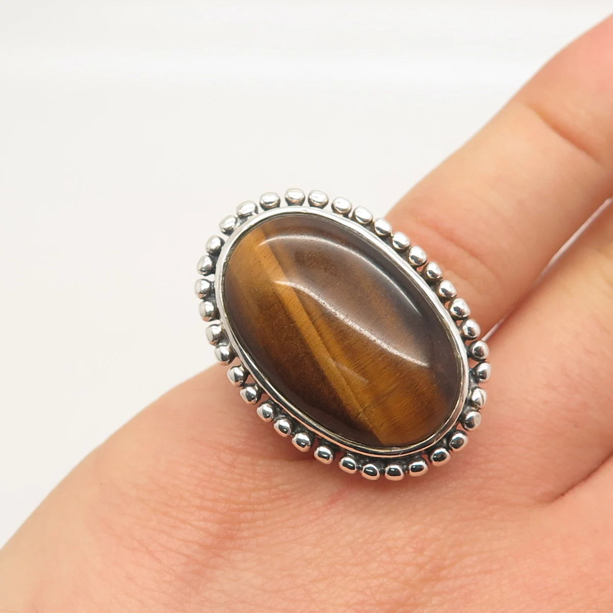 925 Sterling Silver Vintage Real Tiger Eye Gem Beaded Oval Ring Size 6