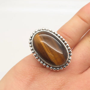 925 Sterling Silver Vintage Real Tiger Eye Gem Beaded Oval Ring Size 6