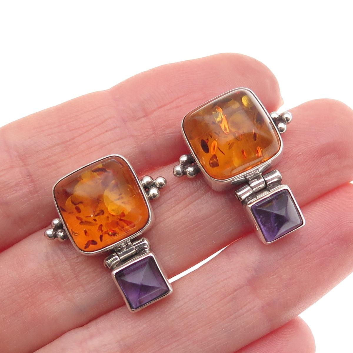 Lori Bonn 925 Sterling Silver Vintage Real Amber & Amethyst Modernist Earrings