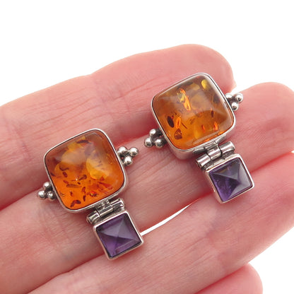 Lori Bonn 925 Sterling Silver Vintage Real Amber & Amethyst Modernist Earrings