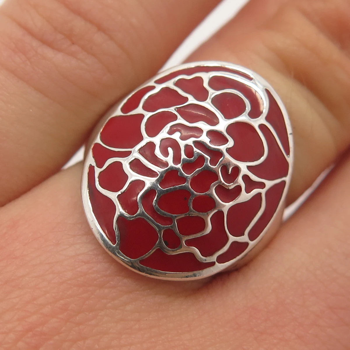 925 Sterling Silver Vintage Red Enamel Wide Ring Size 6.25