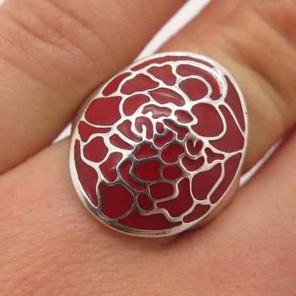 925 Sterling Silver Vintage Red Enamel Wide Ring Size 6.25