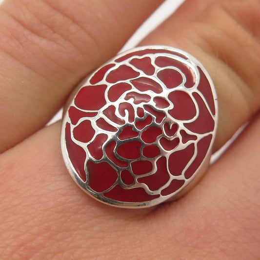 925 Sterling Silver Vintage Red Enamel Wide Ring Size 6.25