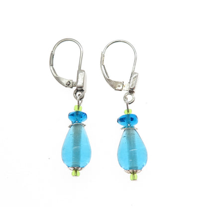 925 Sterling Silver Vintage Blue Glass Modernist Teardrop Dangle Earrings
