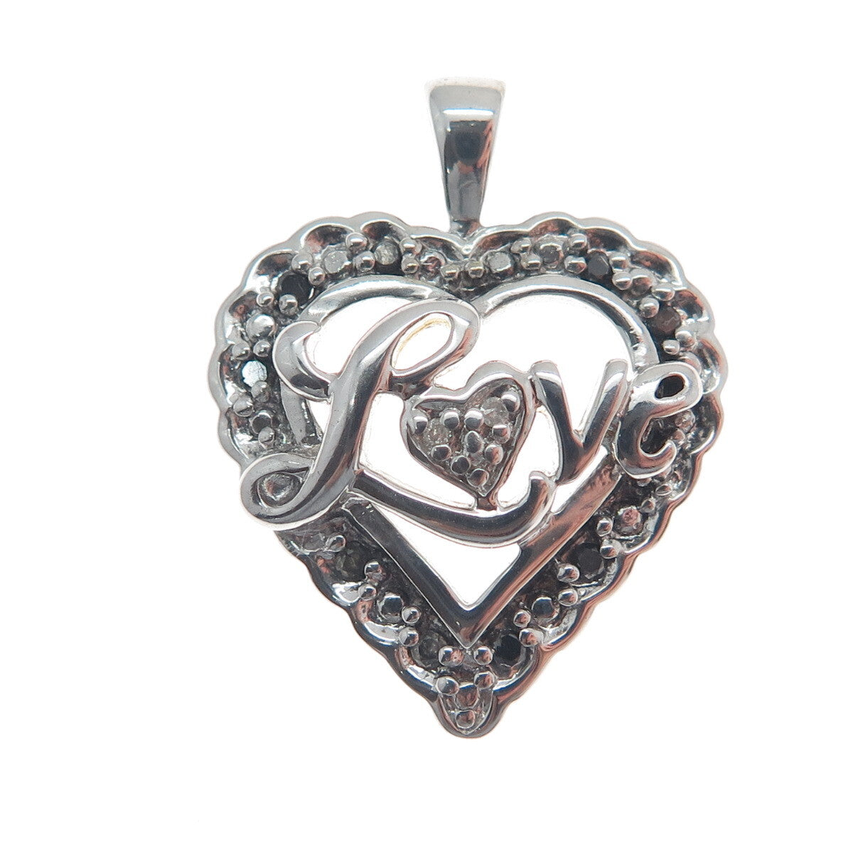 925 Sterling Silver Real White & Black Diamond "Love" Heart Pendant