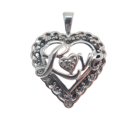 925 Sterling Silver Real White & Black Diamond "Love" Heart Pendant