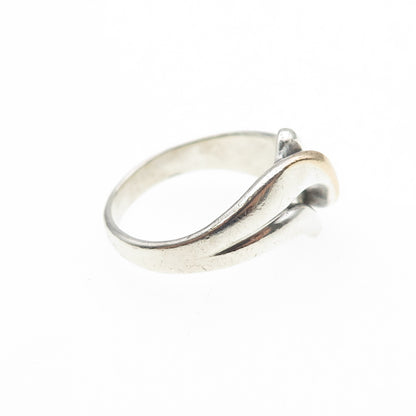 925 Sterling Silver 10K Gold Vintage Modernist Wavy Ring Size 6.75