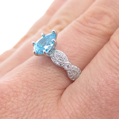 925 Sterling Silver Pear-Cut Blue & Round-Cut White C Z Ring Size 8.25