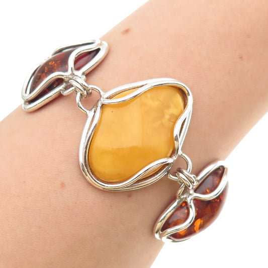 925 Sterling Silver Vintage Real Butterscotch Amber Modernist Bracelet 7.75"