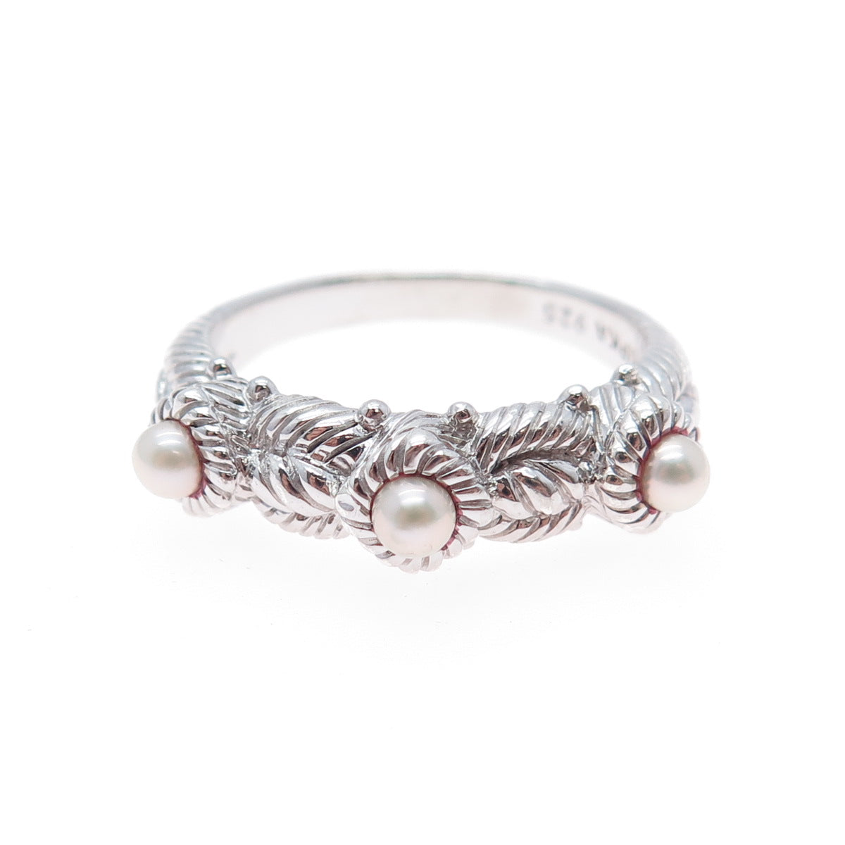 JUDITH RIPKA 925 Sterling Silver Real Pearl 3-Station Ring Size 10