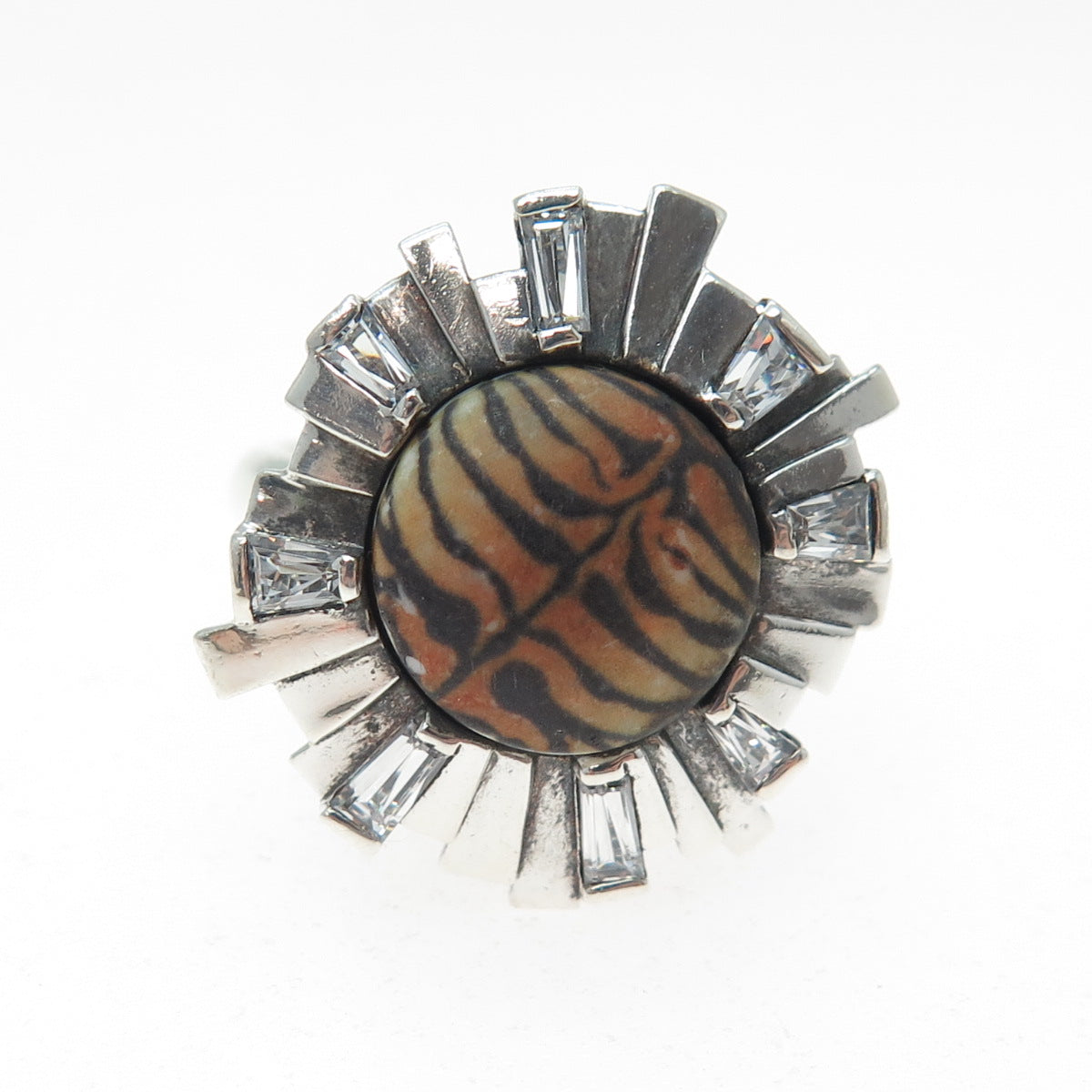 KAMELEON 925 Sterling Silver Vintage C Z & Tiger Pattern Flower Ring Size 7.25