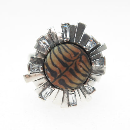 KAMELEON 925 Sterling Silver Vintage C Z & Tiger Pattern Flower Ring Size 7.25