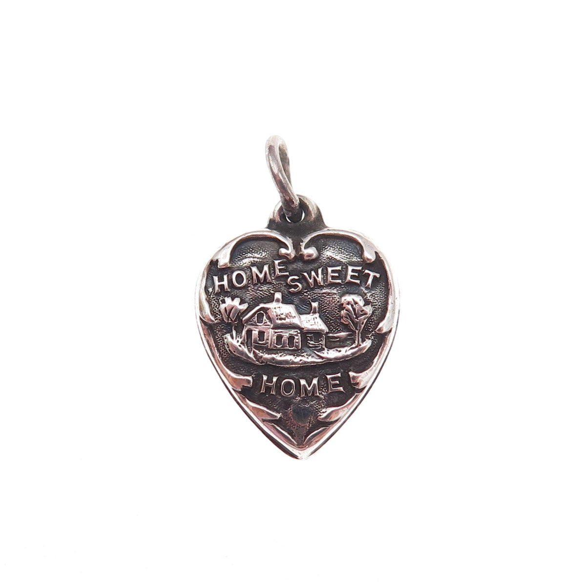 925 Sterling Silver Antique Art Deco Sweet Home Chatelaine Heart Charm Pendant