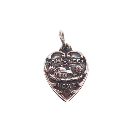 925 Sterling Silver Antique Art Deco Sweet Home Chatelaine Heart Charm Pendant