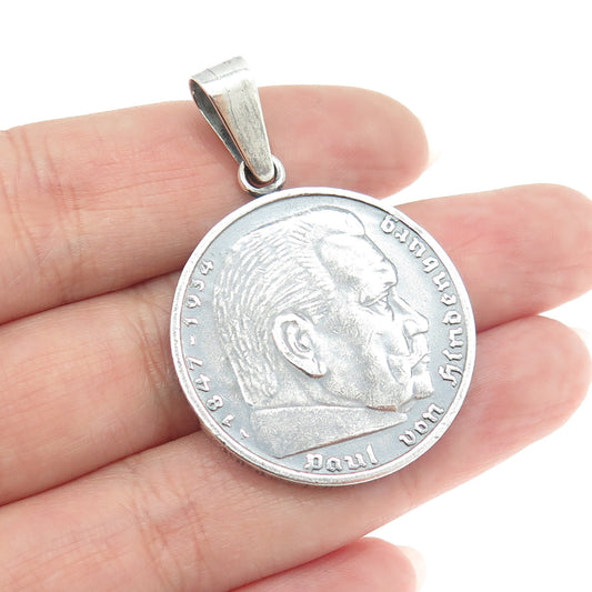 900 Silver Antique 1847 - 1934 Paul von Hindenburg "5 Reichsmark" Coin Pendant