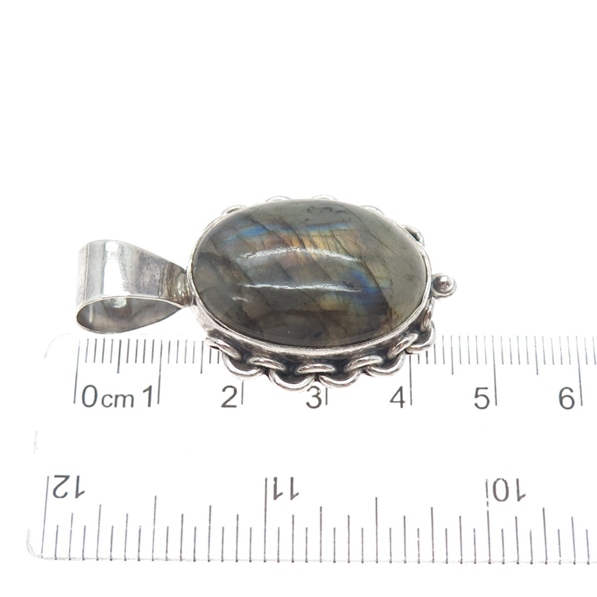 925 Sterling Silver Vintage Real Labradorite Modernist Oxidized Charm Pendant
