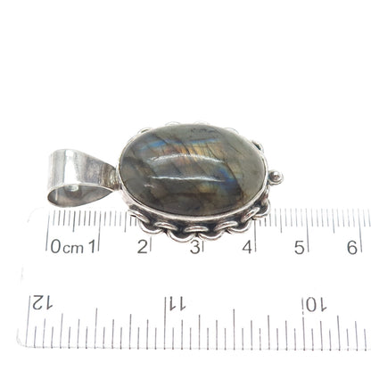 925 Sterling Silver Vintage Real Labradorite Modernist Oxidized Charm Pendant