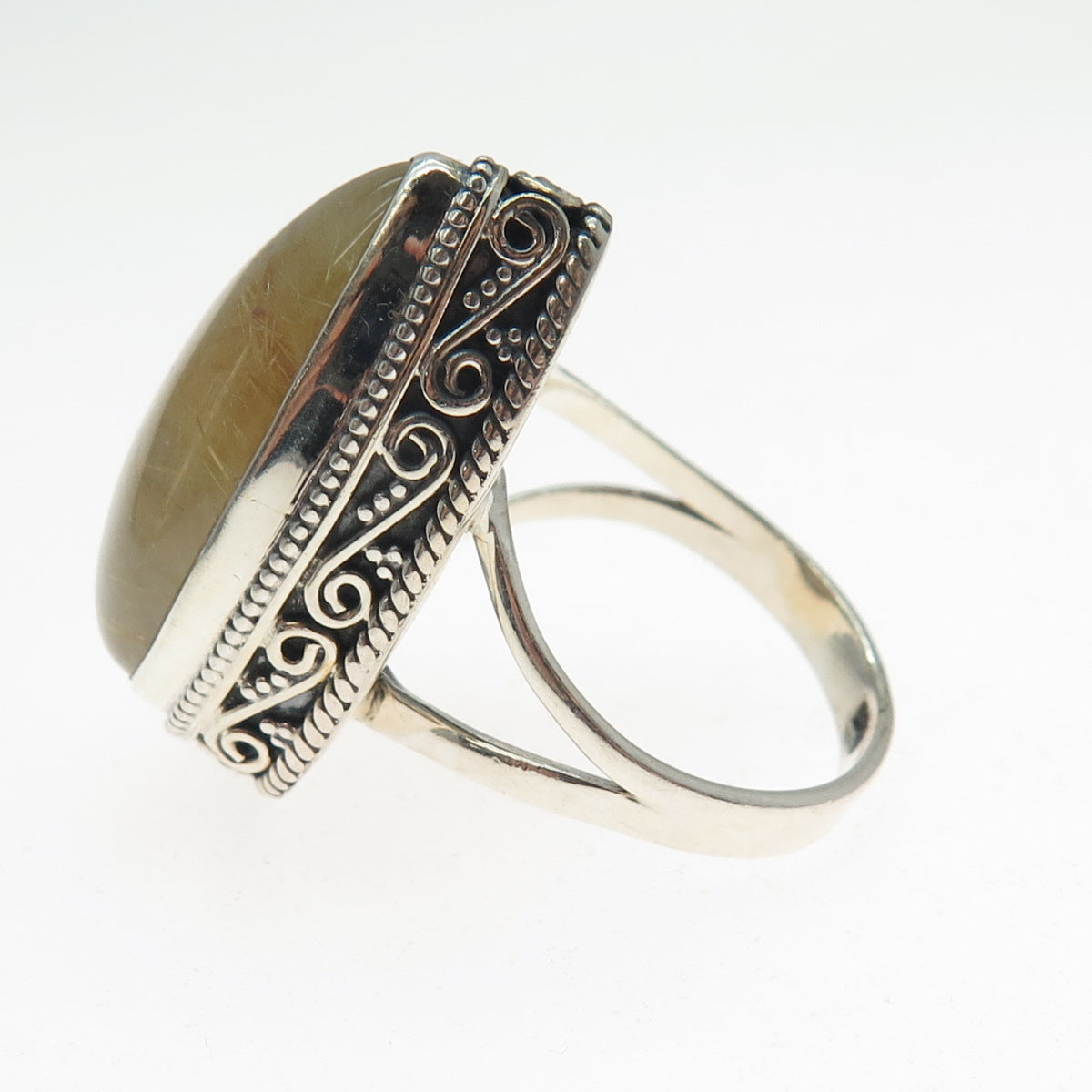 925 Sterling Silver Vintage Real Rutilated Quartz Spiral Oxidized Ring Size 10