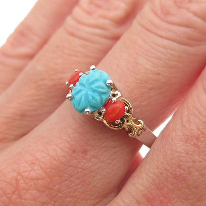 Chuck Clemency 925 Sterling Silver 2-Tone Real Turquoise & Coral Ring Size 8