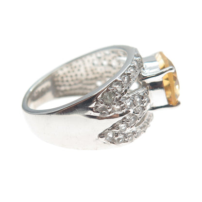 925 Sterling Silver Real White Topaz & Citrine Gemstone Cluster Ring Size 7