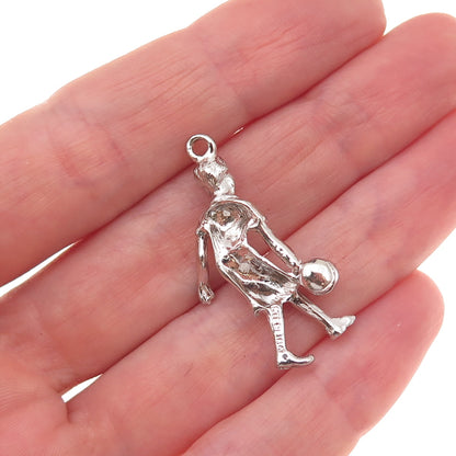 925 Sterling Silver Vintage Female Bowling Player Oxidized 3D Charm Pendant