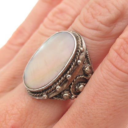 500 Silver Antique Victorian Real Mother-of-Pearl Oxidized Ring Size 8