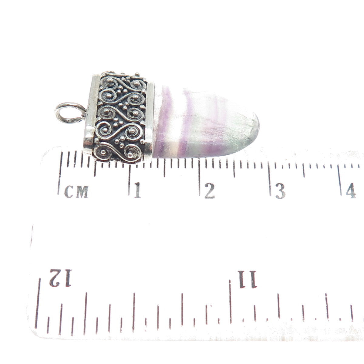 925 Sterling Silver Vintage Purple Green Fluorite Gem Swirl Amulet Pendant