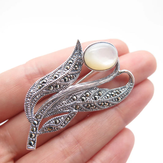 925 Sterling Silver Vintage Real Mother-of-Pearl & Marcasite Gem Floral Brooch
