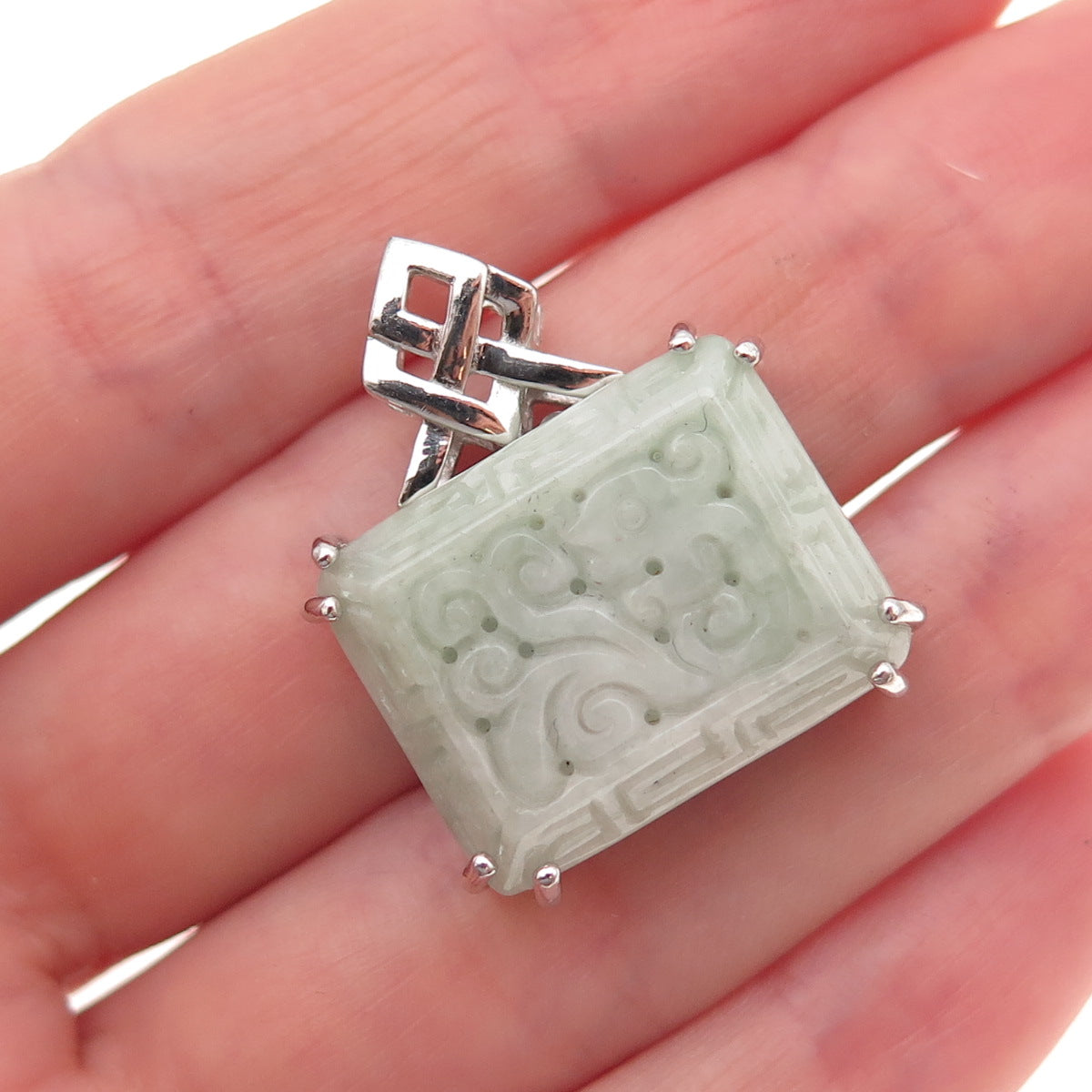 Heng Ngai 925 Sterling Silver Vintage Real Carved Jade Ornate Charm Pendant