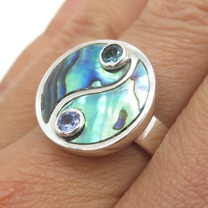 SAJEN 925 Sterling Silver Vintage Abalone Shell Aquamarine Gem Ring Size 9