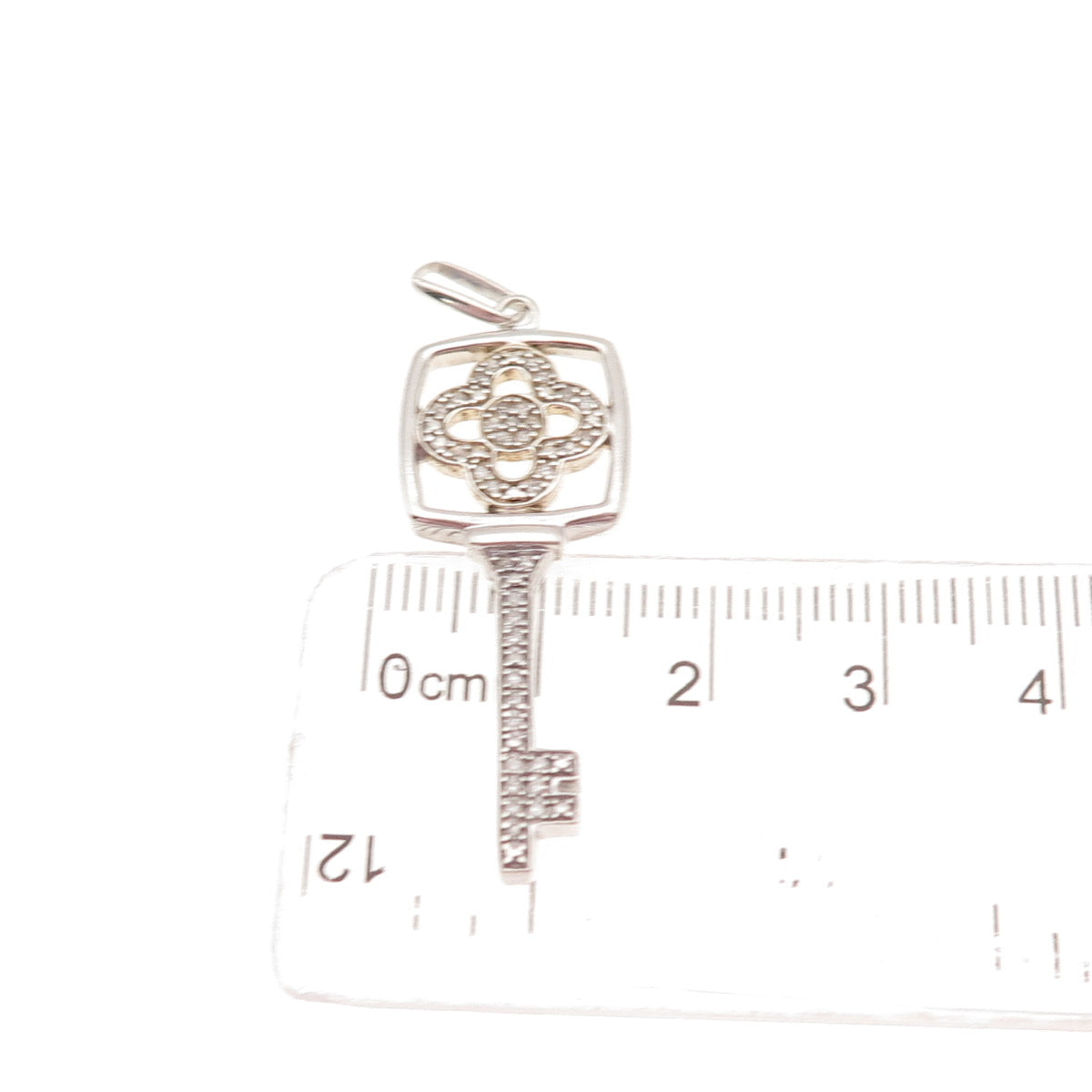 925 Sterling Silver Real Round-Cut Diamond Floral Key Charm Pendant