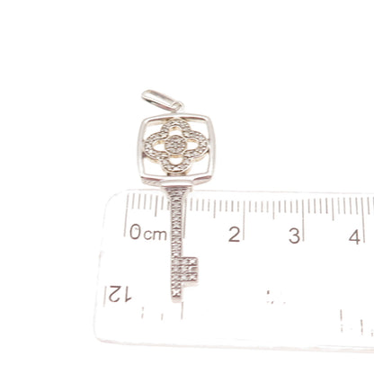 925 Sterling Silver Real Round-Cut Diamond Floral Key Charm Pendant