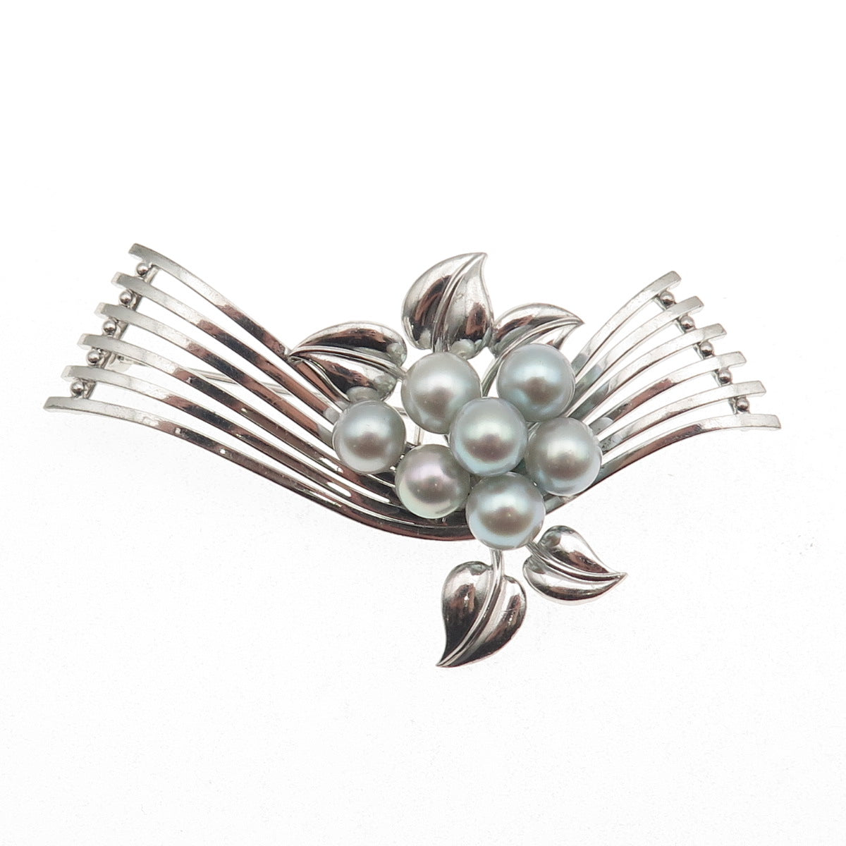 925 Sterling Silver Antique Art Deco Real Akoya Pearl Floral Pin Brooch