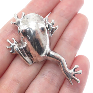 925 Sterling Silver Vintage Black Enamel Frog for Good Luck Oxidized Pin Brooch
