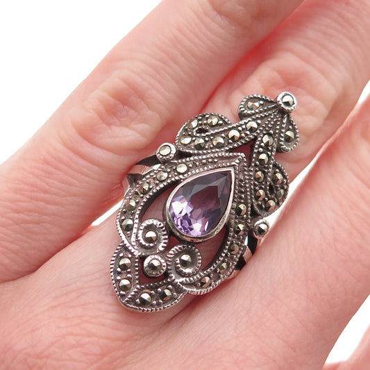 925 Sterling Silver Vintage Real Amethyst & Marcasite Oxidized Ring Size 6
